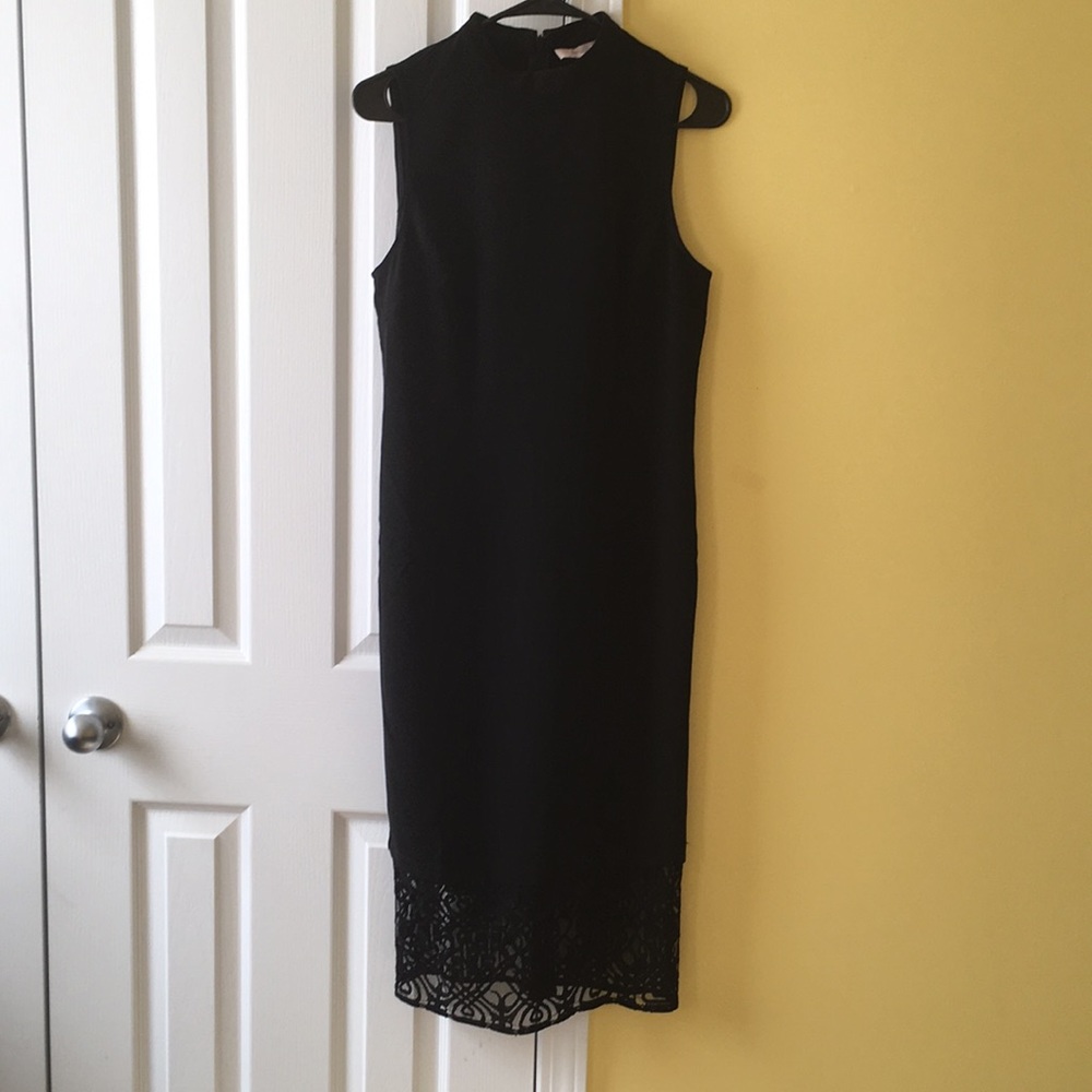 Lace trim black midi dress